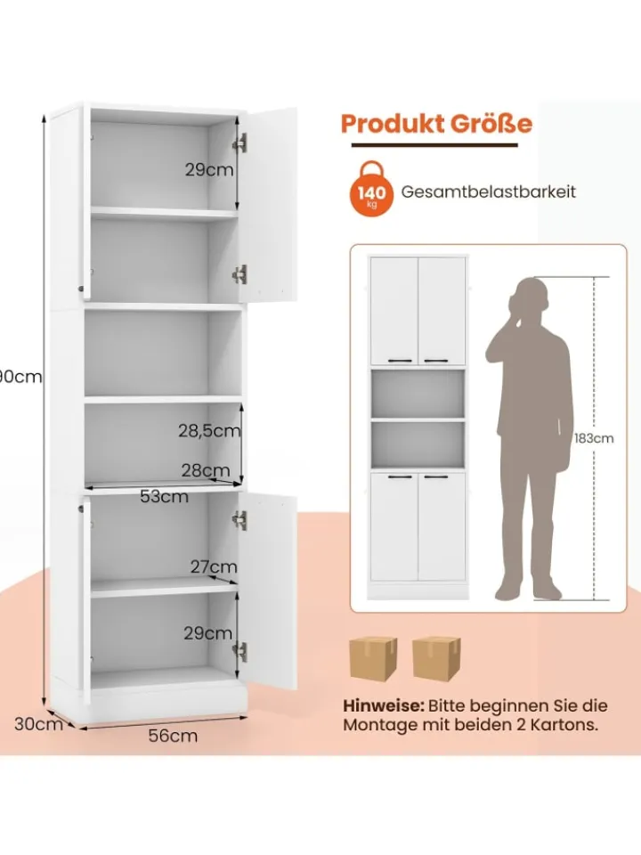 COSTWAY Regale & Schränke<190 cm hoher Küchenschrank Vorratsschrank in Weiß