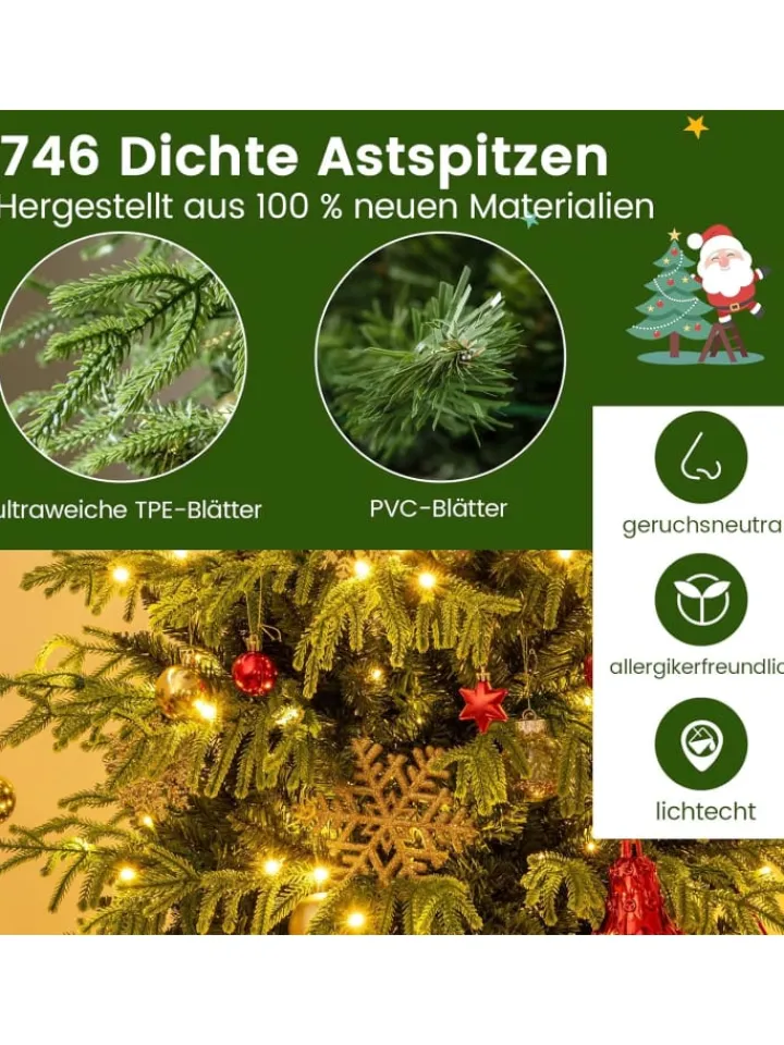 COSTWAY Künstliche Weihnachtsbäume<180 cm Künstlicher Weihnachtsbaum mit Beleuchtung in Grün