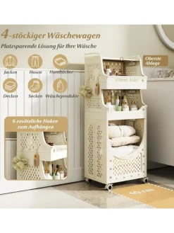 COSTWAY Wäschekörbe & -Ständer<4 Etagen Wäschekorbwagen in Beige
