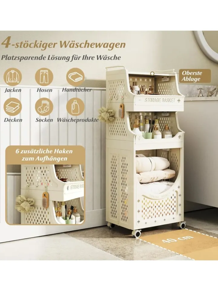 COSTWAY Wäschekörbe & -Ständer<4 Etagen Wäschekorbwagen in Beige