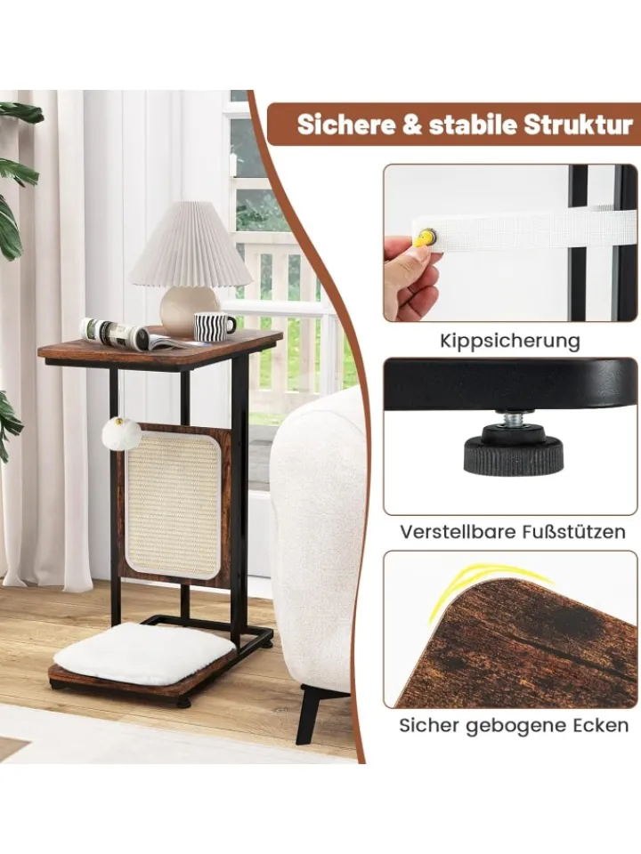 COSTWAY Tische<4 in 1 Beistelltisch mit Sisal-Kratzbrett in Braun