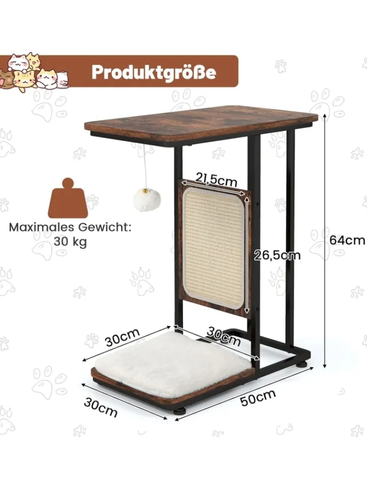 COSTWAY Tische<4 in 1 Beistelltisch mit Sisal-Kratzbrett in Braun