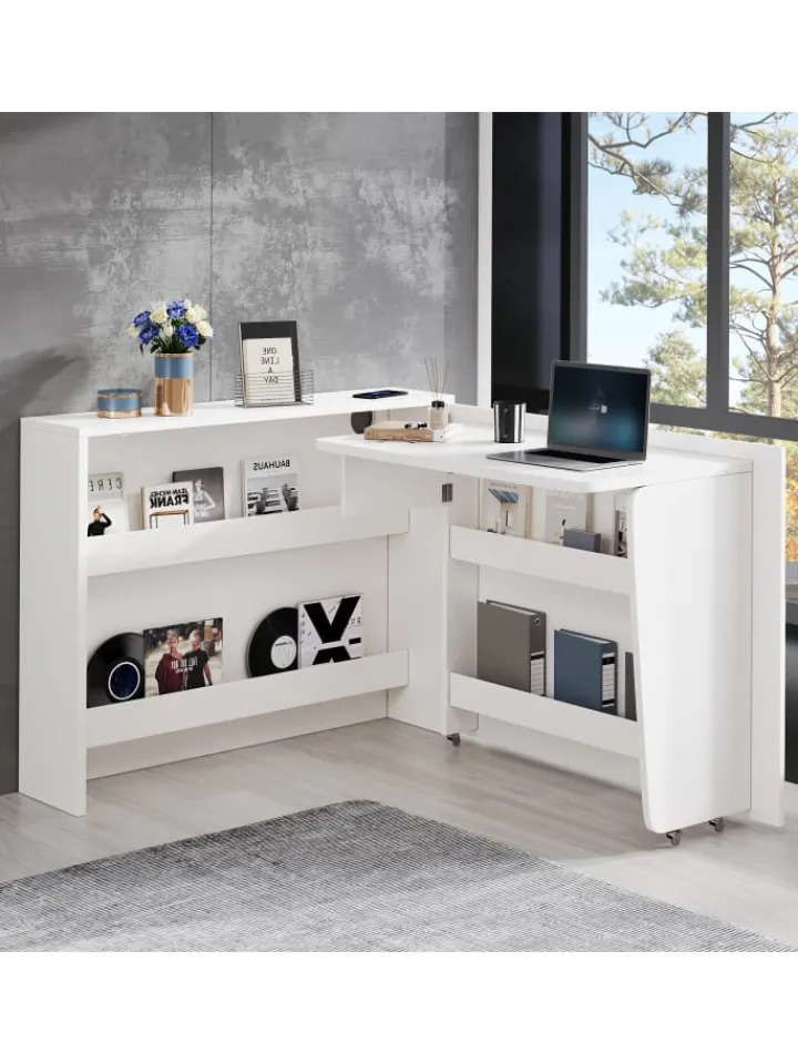 ABRIHOME Regale & Schränke<2 in 1 Faltbarer Sideboard mit Rollen & Wireless Charger, Weiß
