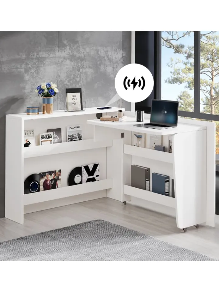 ABRIHOME Regale & Schränke<2 in 1 Faltbarer Sideboard mit Rollen & Wireless Charger, Weiß