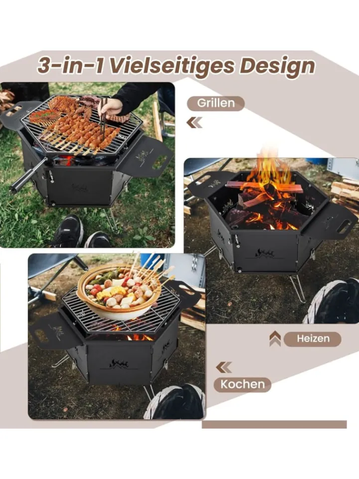 COSTWAY Küchenelektronik|Grillen<2 in 1 Holzkohlegrill Feuerstelle 77x74x38cm in Schwarz