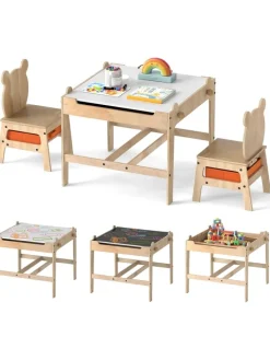 COSTWAY Kindermöbel<4 in 1 Kindertisch mit 2 Stühlen in Hellbraun