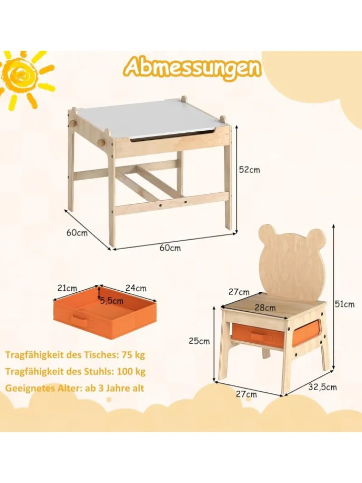 COSTWAY Kindermöbel<4 in 1 Kindertisch mit 2 Stühlen in Hellbraun