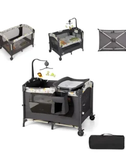 COSTWAY Babymöbel<4 in 1 Reisebett in Anthrazit