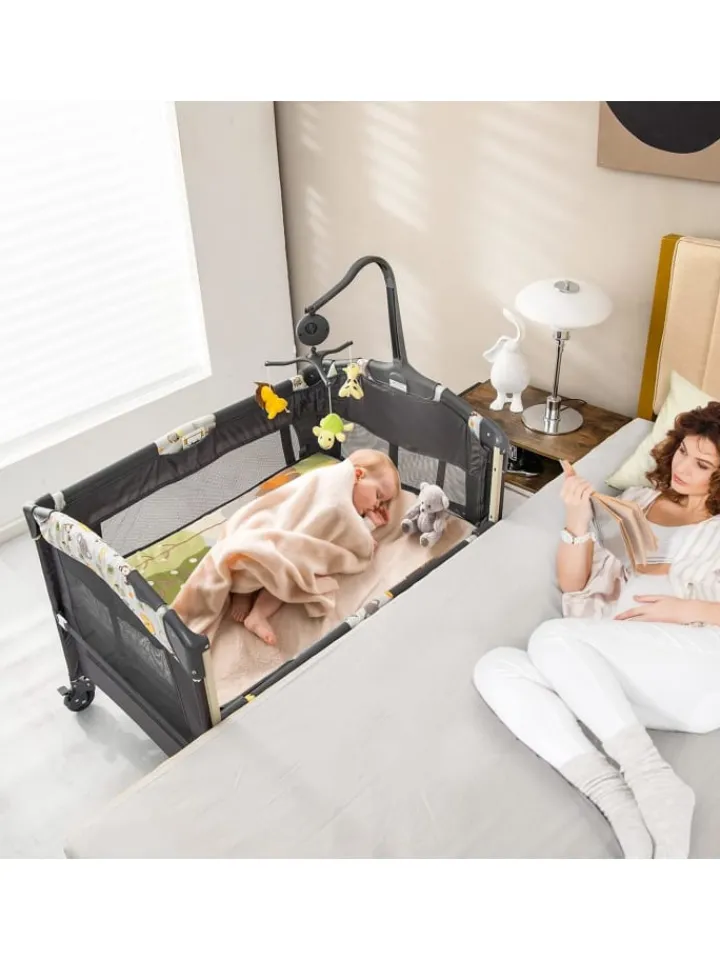 COSTWAY Babymöbel<4 in 1 Reisebett in Anthrazit