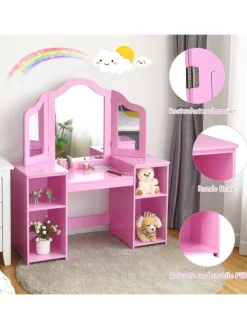 COSTWAY Möbel-Sets<2 in 1 Schminktisch in Rosa