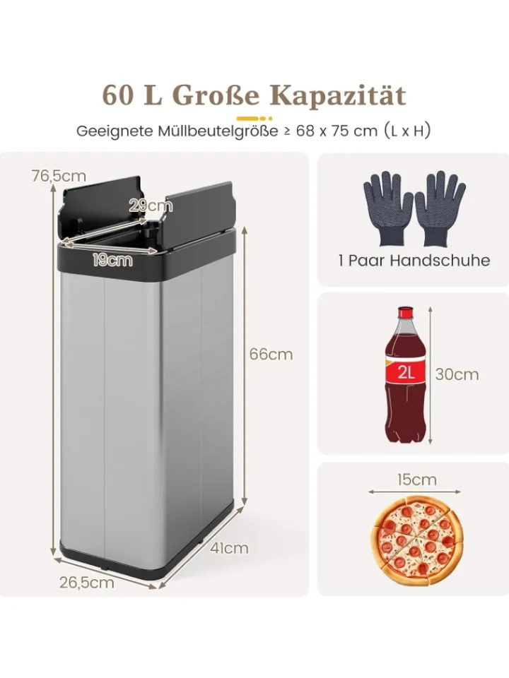 COSTWAY Mülleimer<60 L Mülleimer Küche Edelstahl in Silber
