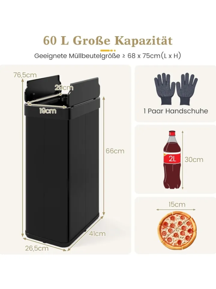 COSTWAY Mülleimer<60 L Mülleimer Küche Edelstahl in Schwarz