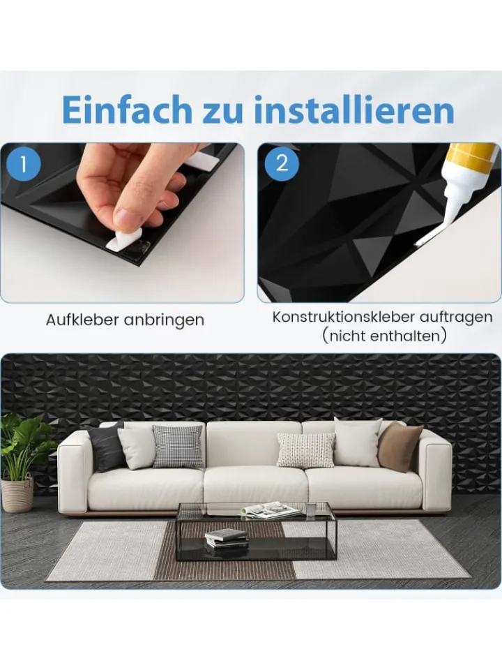 COSTWAY Wanddekoration<50 Stück 3D Wandpaneele Diamant 30x30cm in Schwarz