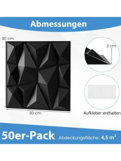 COSTWAY Wanddekoration<50 Stück 3D Wandpaneele Diamant 30x30cm in Schwarz