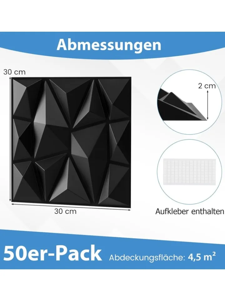 COSTWAY Wanddekoration<50 Stück 3D Wandpaneele Diamant 30x30cm in Schwarz