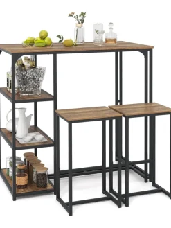 COSTWAY Möbel-Sets<3 tlg. Bartisch mit Barhocker Set in Braun