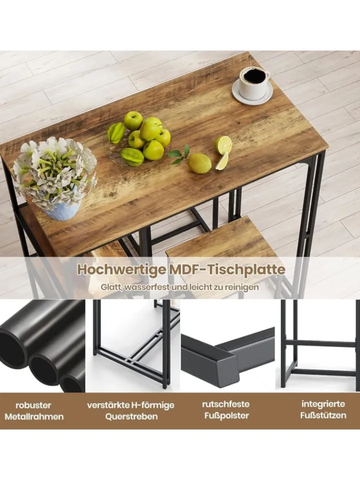 COSTWAY Möbel-Sets<3 tlg. Bartisch mit Barhocker Set in Braun