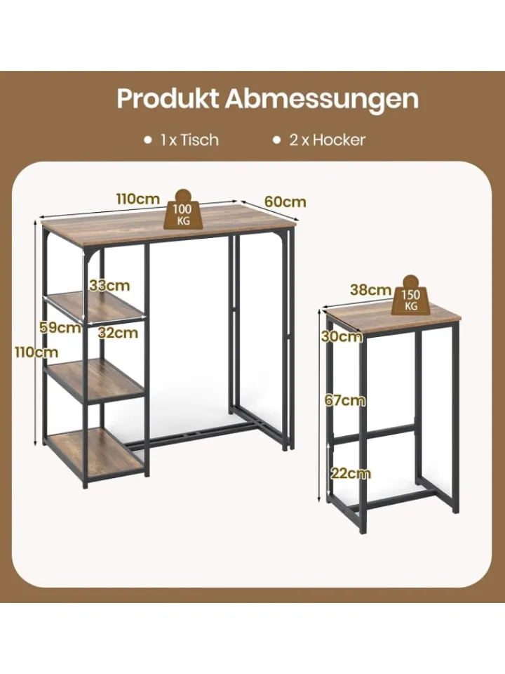 COSTWAY Möbel-Sets<3 tlg. Bartisch mit Barhocker Set in Braun