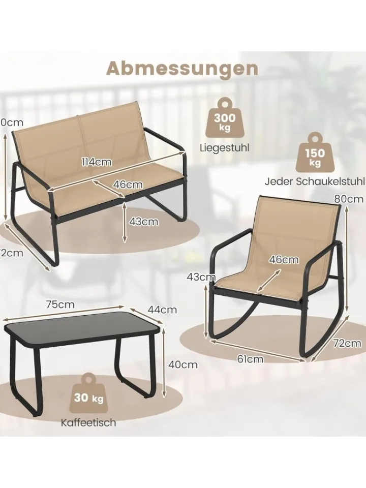 COSTWAY Gartenmöbel<4 tlg. Gartenmöbel Set mit Schaukelfunktion in Braun