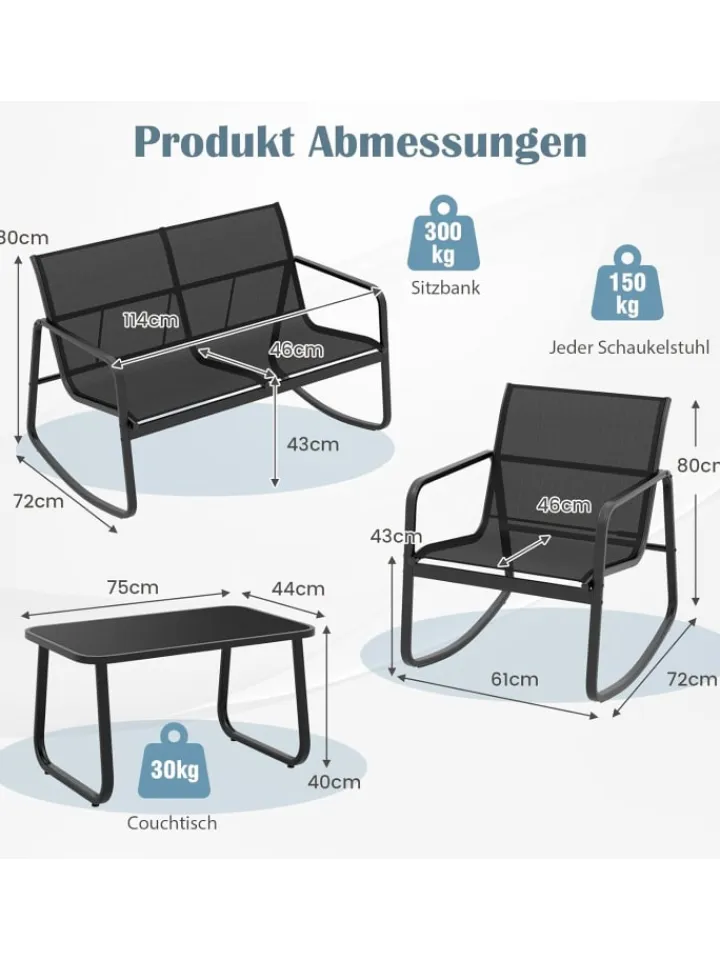 COSTWAY Gartenmöbel<4 tlg. Gartenmöbel Set mit Schaukelfunktion in Schwarz