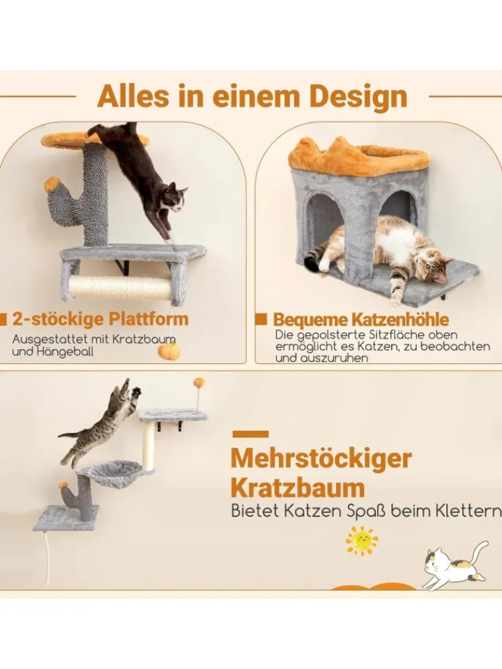 COSTWAY Katzen<6 tlg. Kletterwand Katzen Kratzbaum in Grau