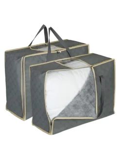 relaxdays Weitere Haushaltshelfer<2 x Aufbewahrungstasche für Bettdecken in Grau - (B)60 x (H)25 x (T)44 cm