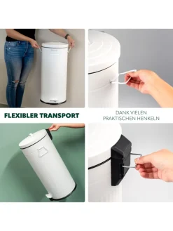 eluno Mülleimer<Abfalleimer VINTAGE, Treteimer, 30 Liter Fassungsvermögen aus weißem Metall