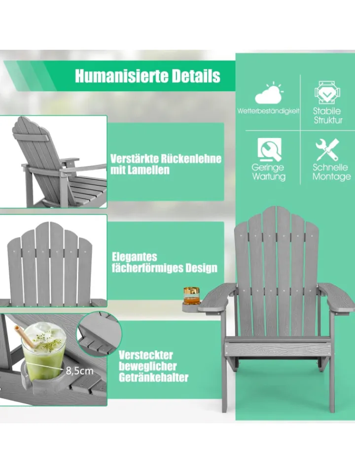 COSTWAY Gartenmöbel<Adirondack Stuhl bis zu 170kg in Grau