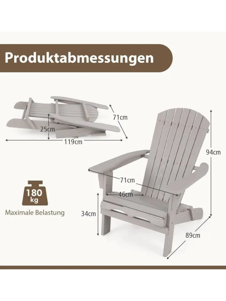 COSTWAY Gartenmöbel<Adirondack Stuhl klappbar in Grau