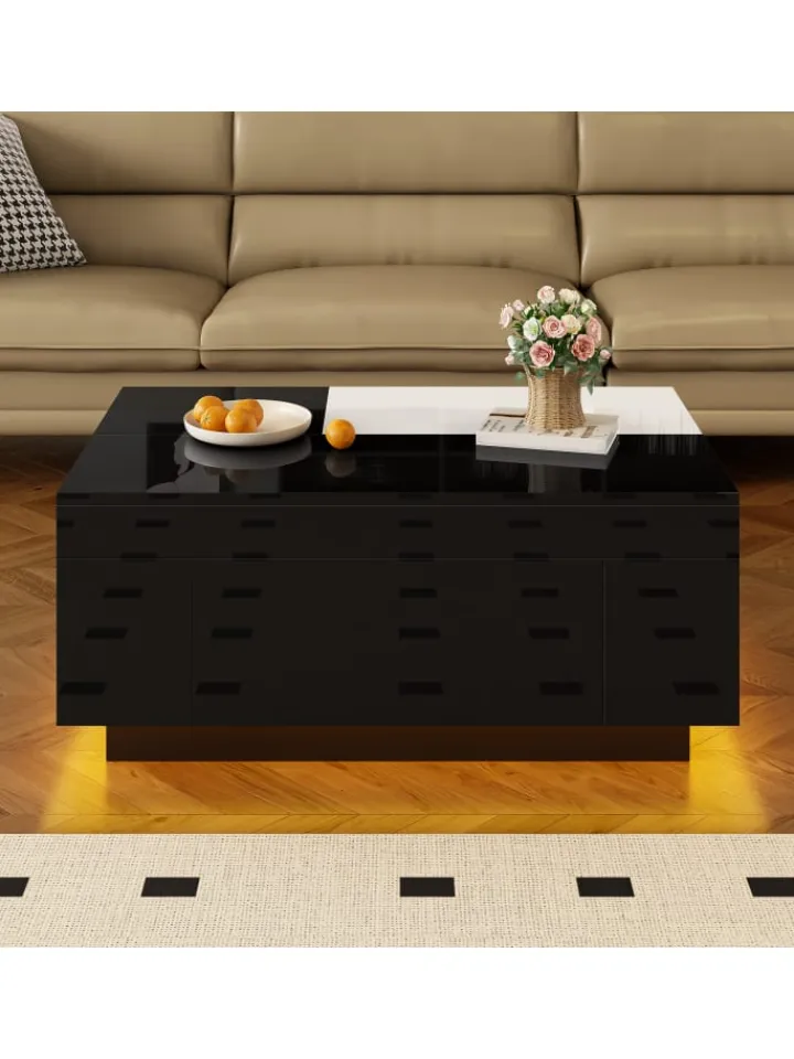 ABRIHOME Tische<Ausziehbarer Couchtisch mit LED einstellbarem Lichtband und Stauraum, Schwarz