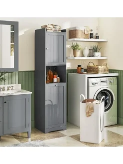 COSTWAY Badezimmermöbel<Bad Hochschrank mit Wäschekorb in Grau
