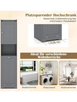 COSTWAY Badezimmermöbel<Bad Hochschrank mit Wäschekorb in Grau