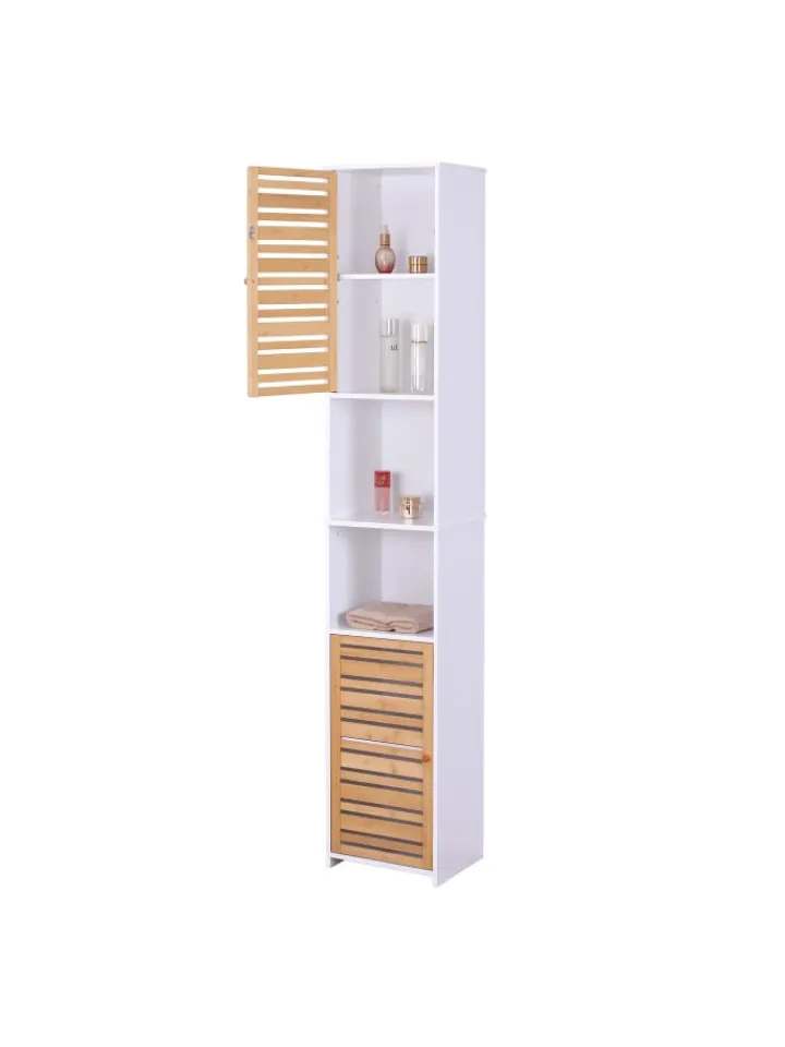 relaxdays Badmöbel<Badezimmerschrank in Weiß/ Natur - (B)34 x (H)190 x (T)29 cm