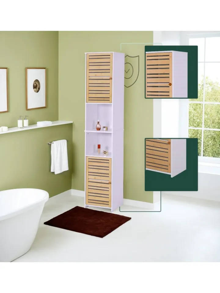 relaxdays Badmöbel<Badezimmerschrank in Weiß/ Natur - (B)34 x (H)190 x (T)29 cm