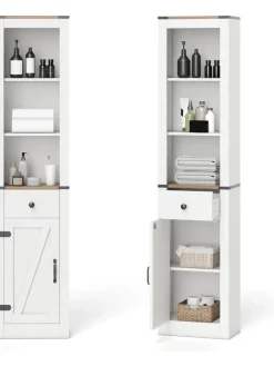 COSTWAY Badezimmermöbel<Badezimmerschrank schmal 40 x 24 x 173cm in Weiß