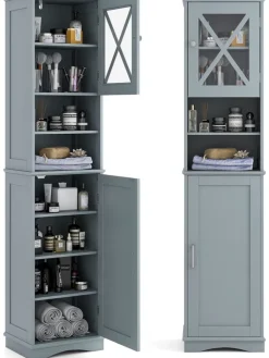 COSTWAY Badmöbel<Badezimmerschrank schmal in Grau