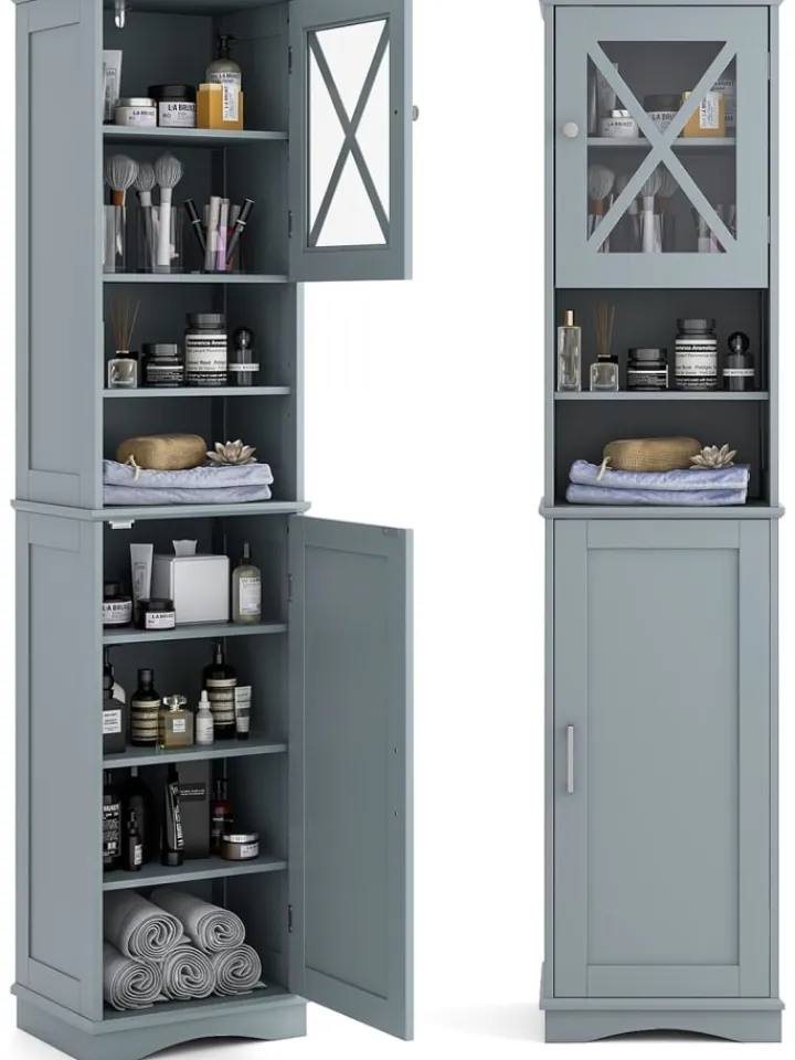 COSTWAY Badmöbel<Badezimmerschrank schmal in Grau