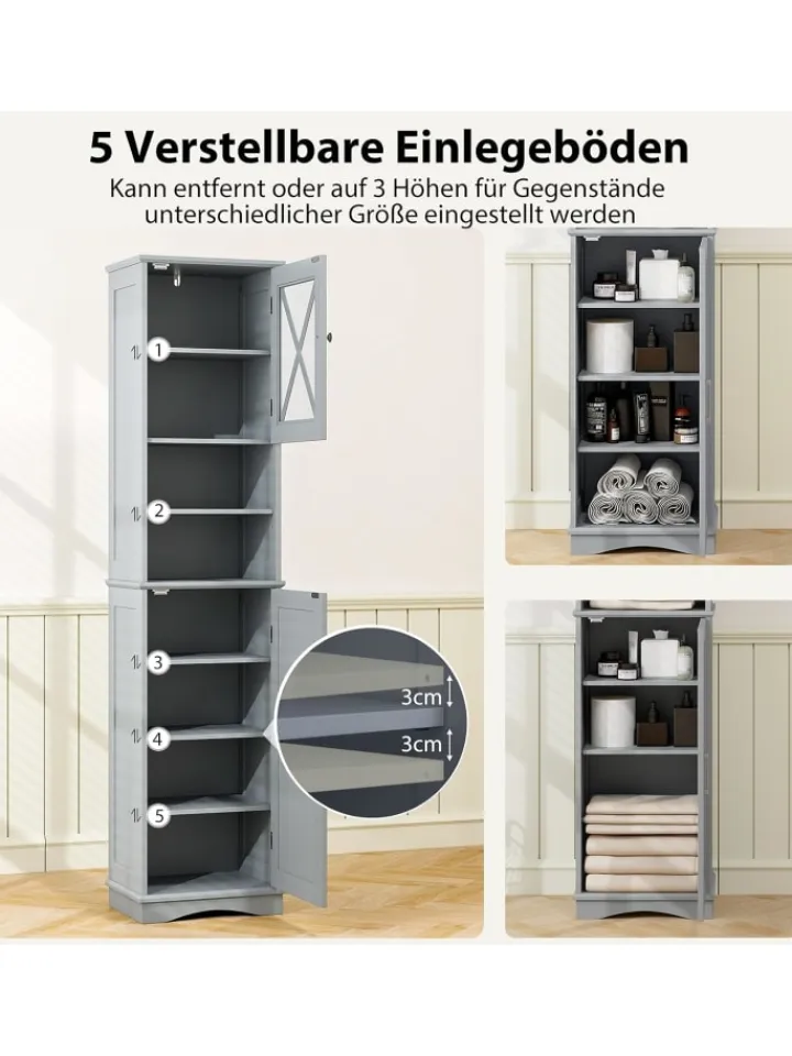 COSTWAY Badmöbel<Badezimmerschrank schmal in Grau