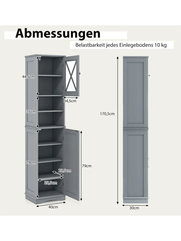 COSTWAY Badmöbel<Badezimmerschrank schmal in Grau