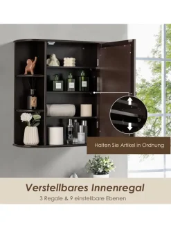 COSTWAY Badmöbel<Badezimmerspiegelschrank in Braun