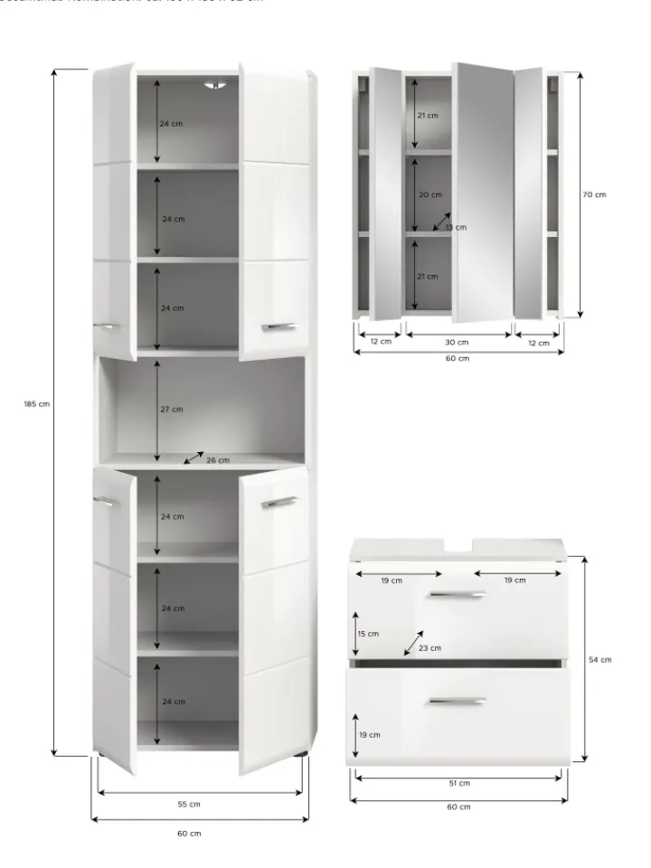 xonox.home Badezimmermöbel<Badkombination in Weiß/Weiß Hochglanz - (B) 135 x (H) 185 x (T) 30