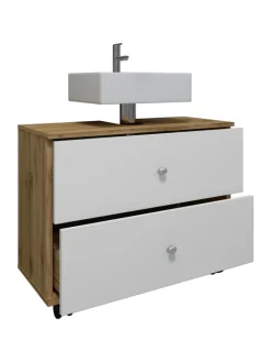 VCM Badmöbel<Badmöbel Badunterschrank Rollen Schublade Nilosi L in Honig-Eiche / Weiß