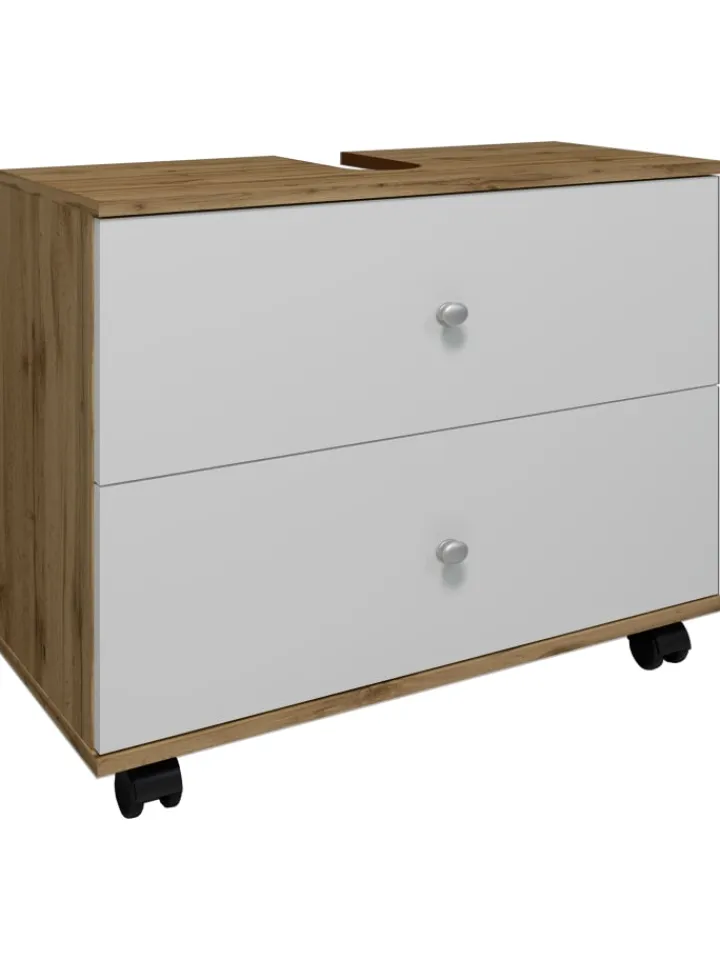 VCM Badmöbel<Badmöbel Badunterschrank Rollen Schublade Nilosi L in Honig-Eiche / Weiß