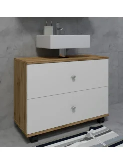 VCM Badmöbel<Badmöbel Badunterschrank Rollen Schublade Nilosi L in Honig-Eiche / Weiß