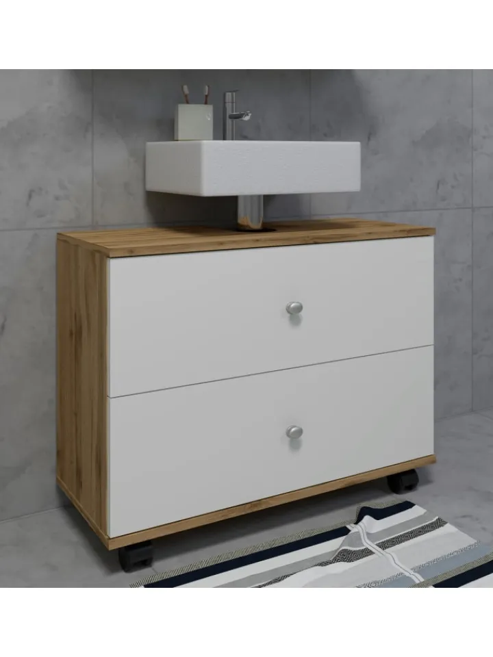 VCM Badmöbel<Badmöbel Badunterschrank Rollen Schublade Nilosi L in Honig-Eiche / Weiß