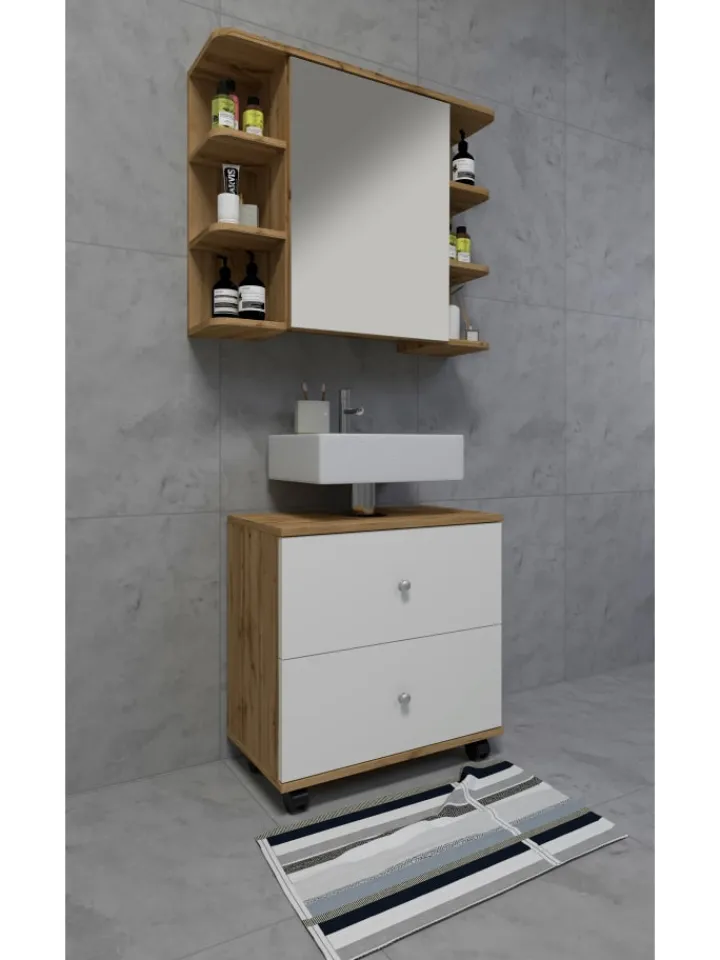 VCM Badmöbel<Badmöbel Badunterschrank Rollen Schublade Nilosi L in Honig-Eiche / Weiß