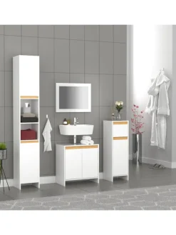 VCM Badmöbel<Badmöbel Midischrank Badschrank Schublade Malira in Weiß / Honig-Eiche