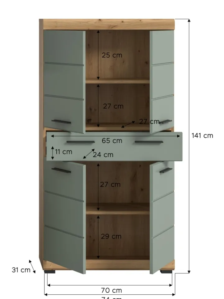 xonox.home Badezimmermöbel|Badmöbel<Badmidischrank in Artisan Eiche/Salbei - (B) 74 x (H) 141 x (T) 31