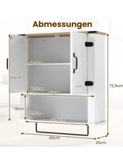 COSTWAY Badmöbel|Badezimmermöbel<Badschrank hängend 60 x 20 x 72,5 cm in Weiß