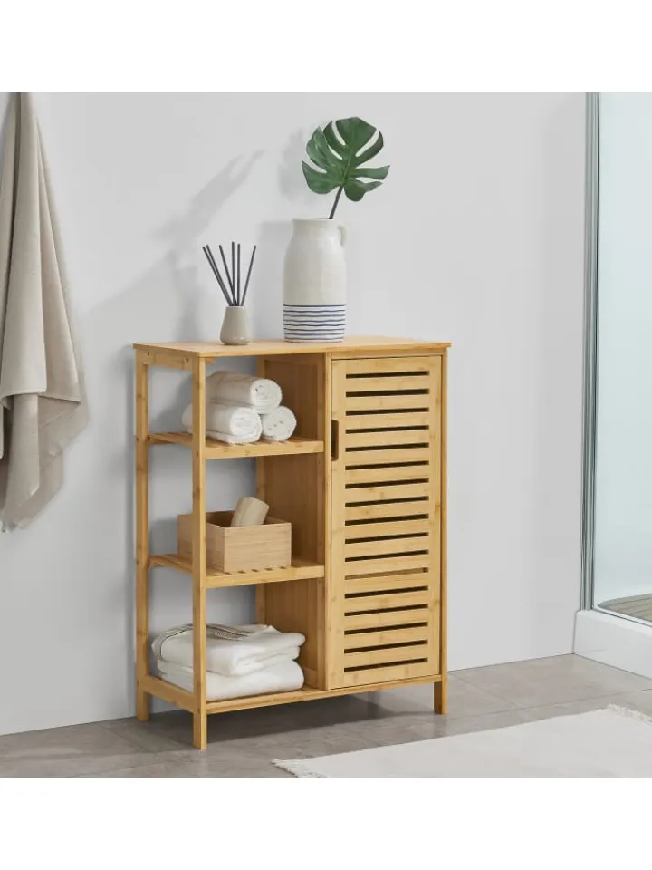 en.casa Badezimmermöbel<Badschrank Vetlanda Bambus in Beige (H)87cm (B)66cm (T)33cm